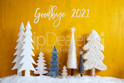 Christmas Trees, Snow, Yellow Wooden Background, Goodbye 2021