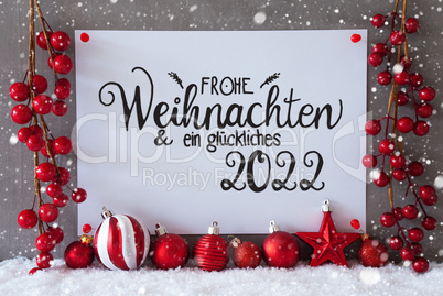 Red Decoration, Sign, Snow, Snowflakes, Glueckliches 2022 Means Happy 2022