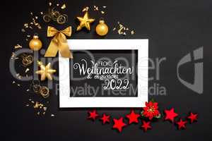 Frame, Red And Golden Christmas Decoration, Glueckliches 2022 Means Happy 2022