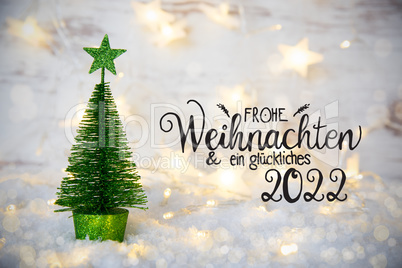 Green Christmas Tree, Lights, Star, Snow, Glueckliches 2022 Means Happy 2022