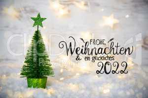 Green Christmas Tree, Lights, Star, Snow, Glueckliches 2022 Means Happy 2022
