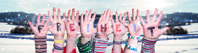 Children Hands Building Word Freiheit Means Freedom, Snowy Winter Background