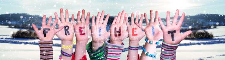 Children Hands Building Word Freiheit Means Freedom, Snowy Winter Background