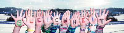 Children Hands Building Word Gleichheit Means Equality, Snowy Winter Background