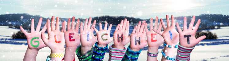 Children Hands Building Word Gleichheit Means Equality, Snowy Winter Background