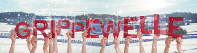 People Hands Holding Word Grippewelle Means Flu Epidemic, Winter Background