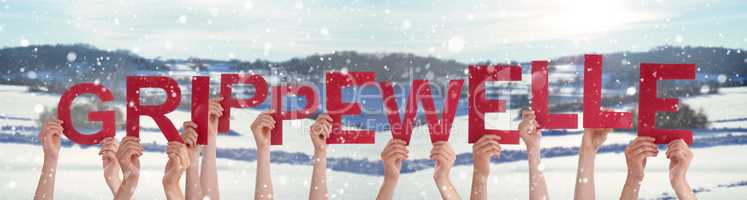 People Hands Holding Word Grippewelle Means Flu Epidemic, Winter Background