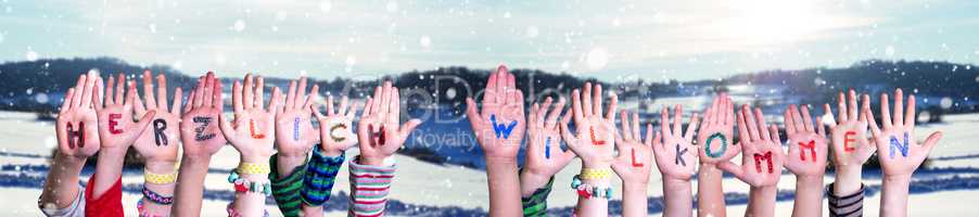 Children Hands Building Word Willkommen Means Welcome, Snowy Winter Background