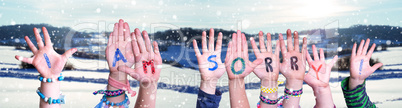 Children Hands Building Word I Am Sorry, Snowy Winter Background
