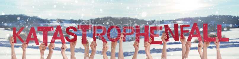 People Hands Holding Word Katastrophenfall Means Emergency, Winter Background