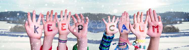 Kids Hands Holding Word Keep Calm, Snowy Winter Background