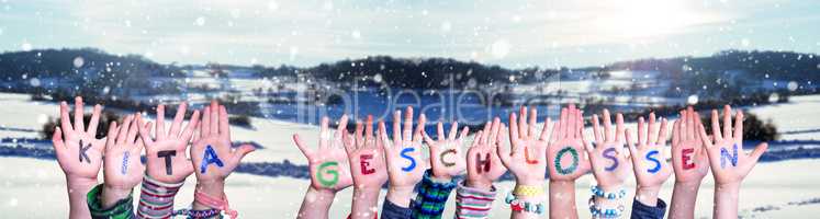 Children Hands, Kita Geschlossen Means Closed Kindergarden, Winter Background