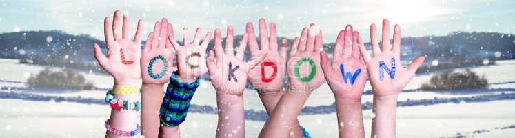 Kids Hands Holding Word Lockdown, Snowy Winter Background