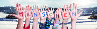 Children Hands Building Word Menschen Means Human, Snowy Winter Background
