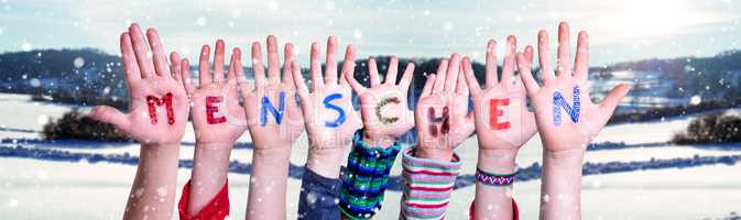 Children Hands Building Word Menschen Means Human, Snowy Winter Background