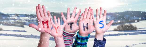 Kids Hands Holding Word Myths, Snowy Winter Background
