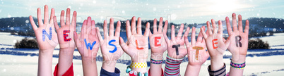 Children Hands Building Word Newsletter, Snowy Winter Background