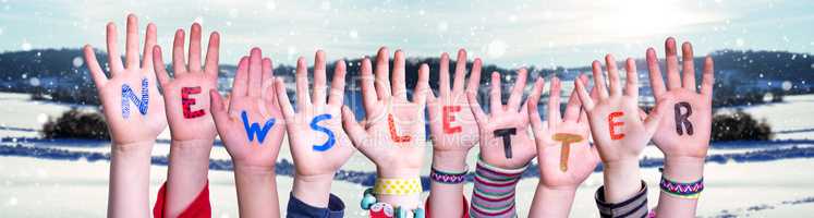 Children Hands Building Word Newsletter, Snowy Winter Background