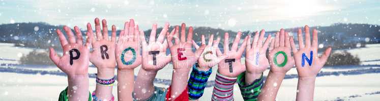 Kids Hands Holding Word Protection, Snowy Winter Background