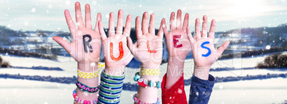 Children Hands Building Word Rules, Snowy Winter Background