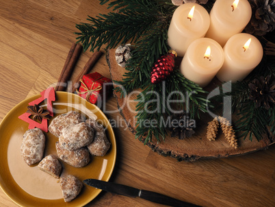 Delicious Christmas stollen on a ceramic plate in front of an Ad