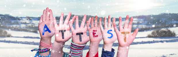 Children Hands Building Word Attest Means Attestation, Snowy Winter Background