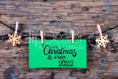 Green Label, Wooden Background, Rope, Merry Christmas And Happy 2022