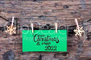 Green Label, Wooden Background, Rope, Merry Christmas And Happy 2022