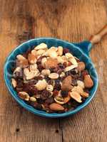 Organic nut mixture with raisins in a blue bowl