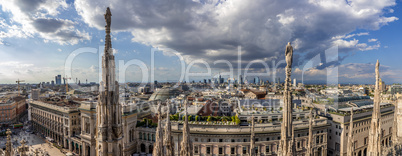 Milan, Italy. Panoramic view from Duomo Cathedral terraces, terrazze del Duomo.