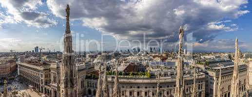 Milan, Italy. Panoramic view from Duomo Cathedral terraces, terrazze del Duomo.