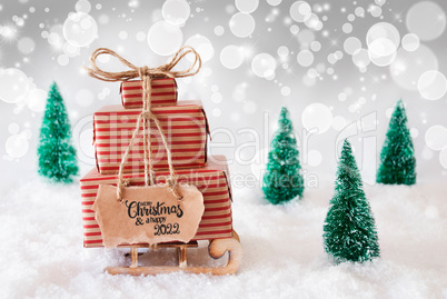 Sled, Present, Snow, Merry Christmas And A Happy 2022, Gray Background