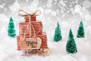 Sled, Present, Snow, Merry Christmas And A Happy 2022, Gray Background