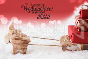 Reindeer, Sled, Snow, Red Background, Glueckliches 2022 Mean Happy 2022