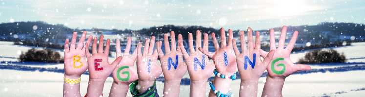 Children Hands Building Word Beginning, Snowy Winter Background