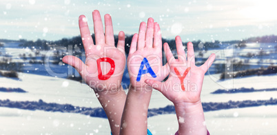Children Hands Building Word Day, Snowy Winter Background