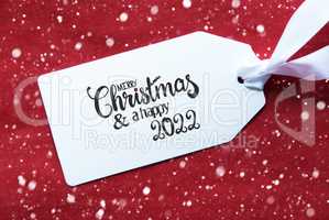Red Background, Label, Merry Christmas And A Happy 2022, Snowflakes