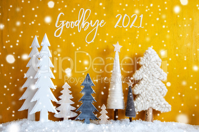 Christmas Trees, Snowflakes, Yellow Background, Goodbye 2021, Snow