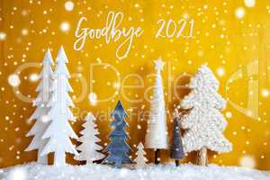 Christmas Trees, Snowflakes, Yellow Background, Goodbye 2021, Snow