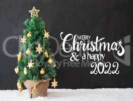 Christmas Tree, Black Background, Snow, Merry Christmas And A Happy 2022