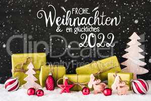 Snowflakes, Gift, Tree, Ball, Glueckliches 2022 Means Happy 2022