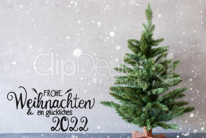 Tree, Glueckliches 2022 Mean Happy 2022, Cement Background, Snowflakes