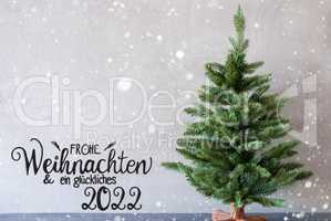 Tree, Glueckliches 2022 Mean Happy 2022, Cement Background, Snowflakes