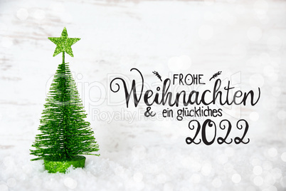 Green Christmas Tree, Star, Snow, Glueckliches 2022 Means Happy 2022