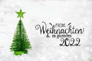 Green Christmas Tree, Star, Snow, Glueckliches 2022 Means Happy 2022