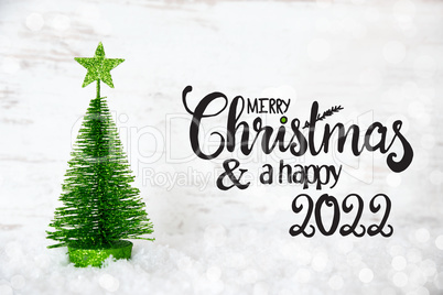Green Christmas Tree, Star, Snow, Merry Christmas And A Happy 2022
