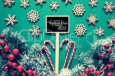 Green Background, Christmas Decoration, Sign, Glueckliches 2022 Means Happy 2022