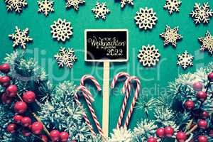 Green Background, Christmas Decoration, Sign, Glueckliches 2022 Means Happy 2022