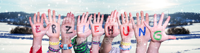 Children Hands Building Word Erziehung Means Education, Snowy Winter Background