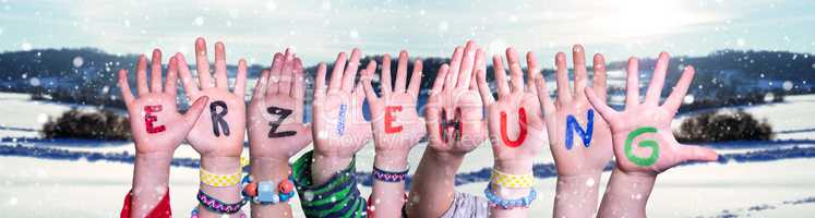 Children Hands Building Word Erziehung Means Education, Snowy Winter Background